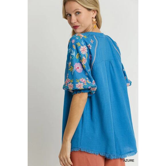 Umgee Half Button Embroidered Raglan Sleeves Raw Hem Smocked Blouse | Cerulean - Picture 4 of 5